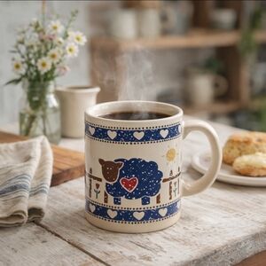 Vintage Folkprints Sheep Mug Cottagecore Farmhouse Country Stoneware